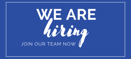 blue background with words we are hiring